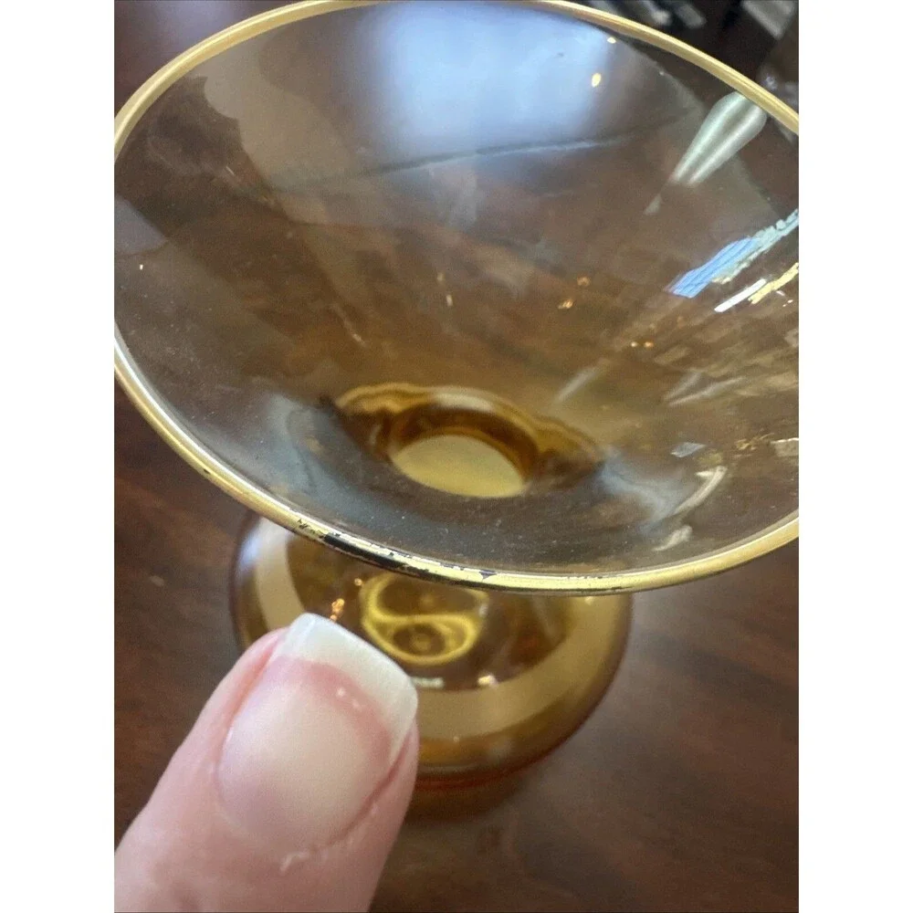 Mid century Glass Amber Vase w/ Gold band and trim 7